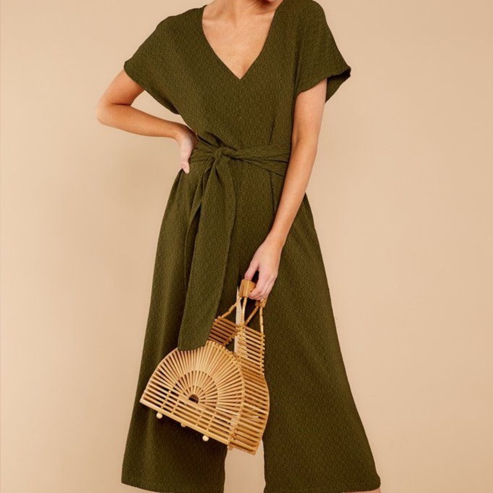Lush Olive Green V-Neck Jumpsuit with Waist Tie